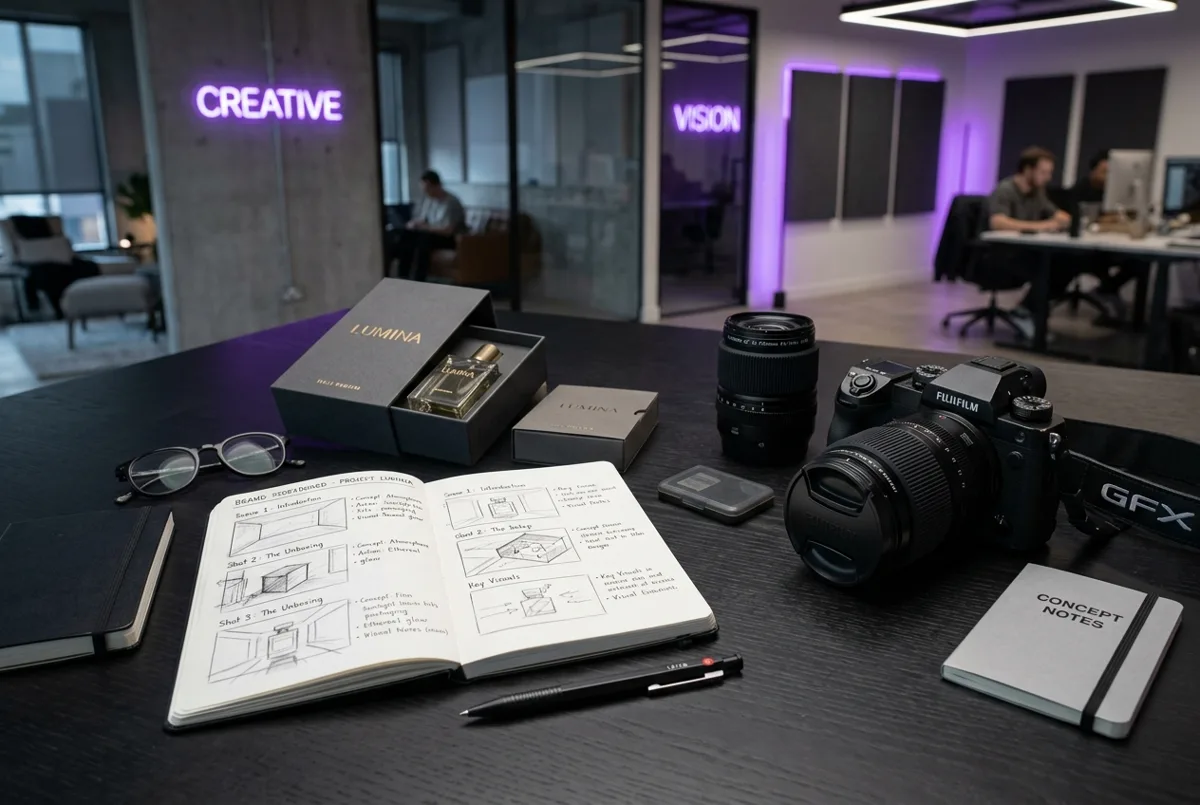 Camera and storyboard prepared for a content shoot