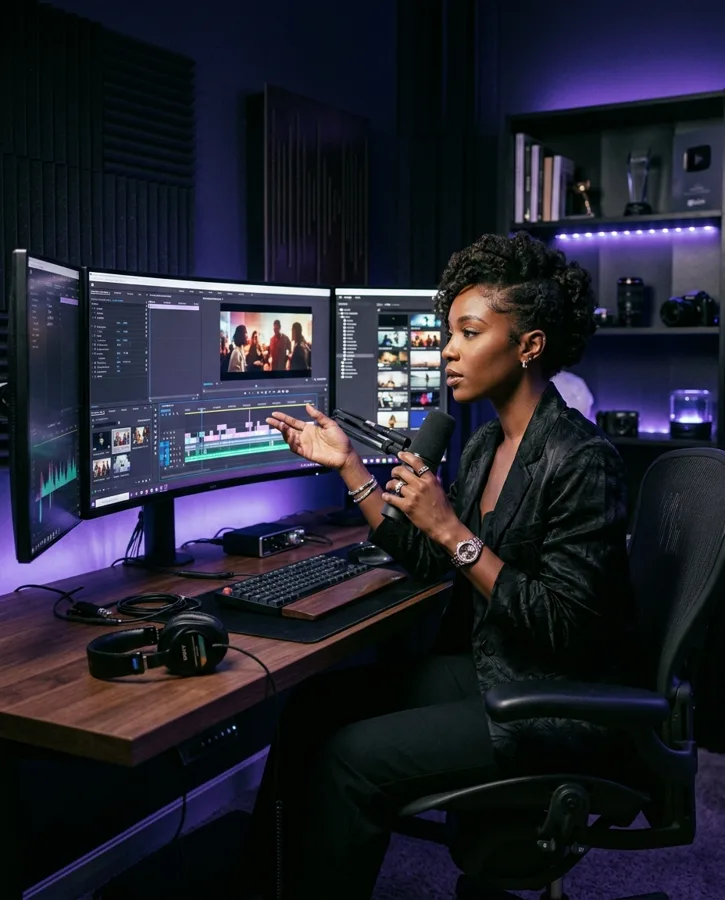 Creator recording and editing video content in a studio