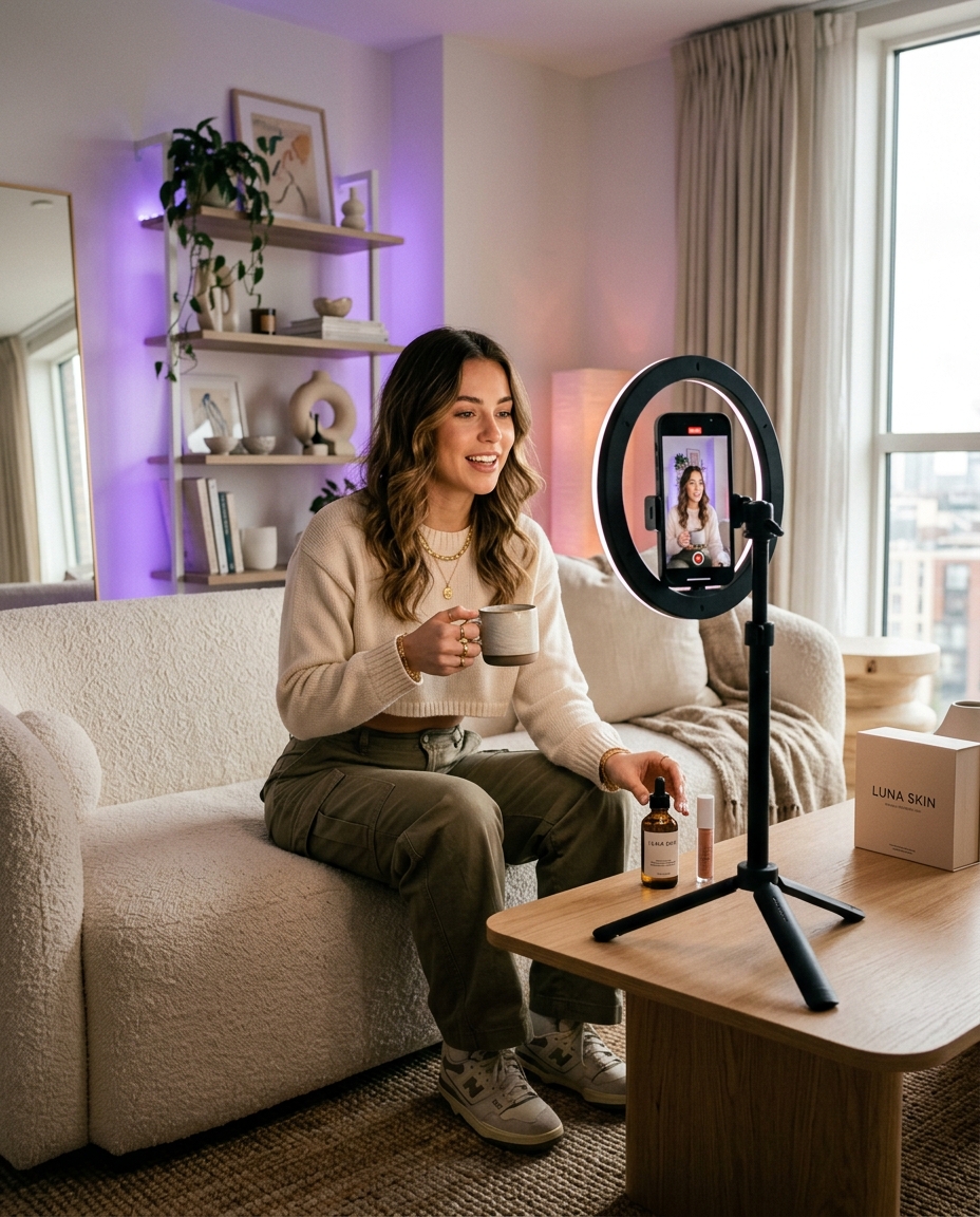 Content creator recording UGC product video
